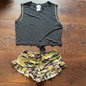 Black Tank Top with Gold Studs and flowy shorts set